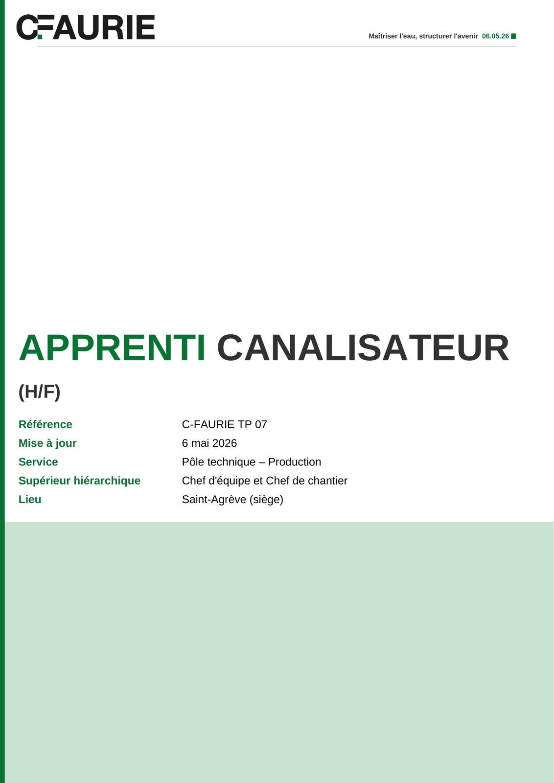 Fiche de poste, couverture fond vert