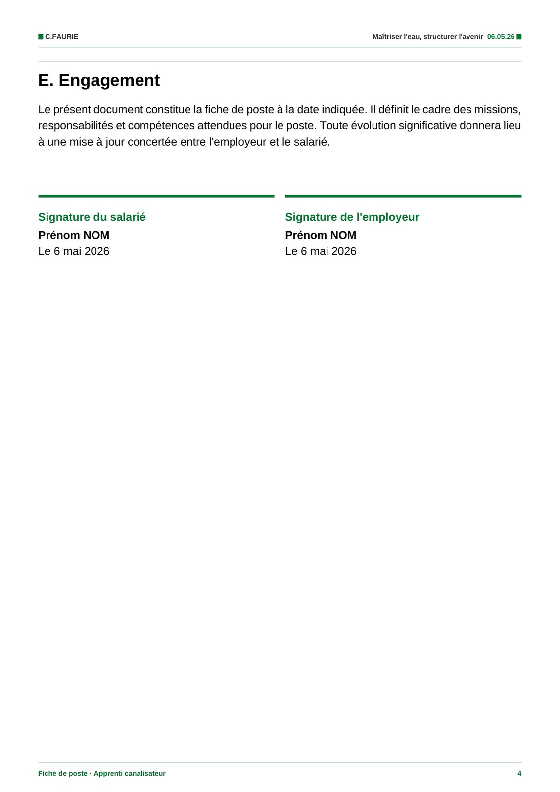 Fiche de poste, engagement et signatures