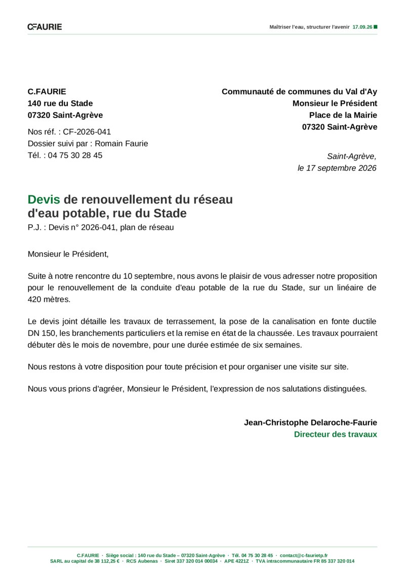 Lettre avec destinataire et signataire longs au fer à droite
