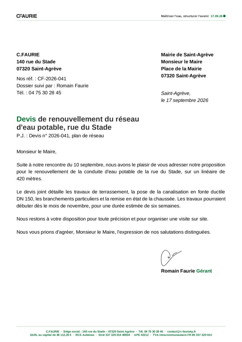 Lettre signée par Romain Faurie